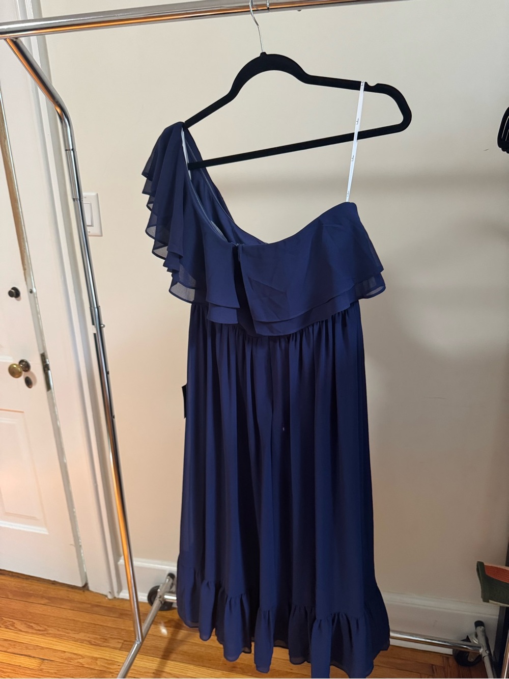 Lulu's Navy One-Shoulder Ruffled Midi Dress